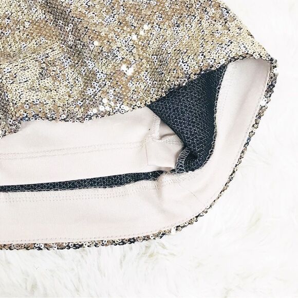 CALVIN KLEIN Gold Sequin Cocktail Dress Knee Length Faux Wrap Party Size 4 6 New - Picture 6 of 10